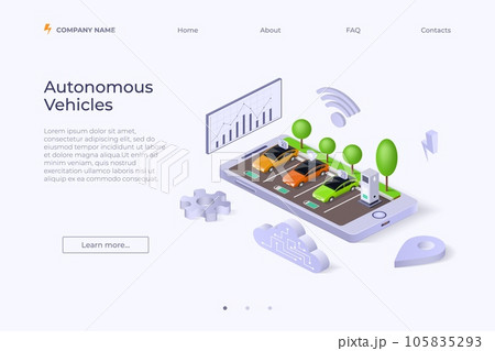 Smart car landing page. Autonomous vehicle. Isometric city parking. Future automobile technology. Mobile app. Transport lock. Auto electric battery charging. Carsharing service. Vector website design 105835293