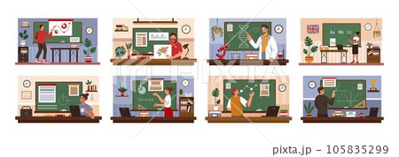 School teachers. Professor at classroom blackboard. Students studying. Science class with kid art. People teaching chemistry and mathematics. Education lessons set. Vector tidy cartoon illustration School teachers. Professor at classroom blackboard. Students studying. Science class with kid art. People teaching chemistry and mathematics. Education lessons set. Vector tidy cartoon illustration 105835299