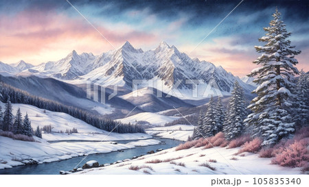 川の流れる冬山の景色のイラスト素材 [105835340] - PIXTA