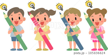 鉛筆を持っているひらめいた表情の男の子と女の子 105836824