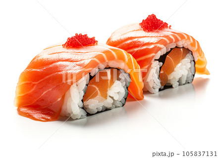 Salmon Sushi On Isolated White Background Salmon Sushi On Isolated White Background 105837131