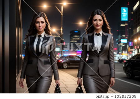 Two Young confident smiling caucasian business woman standing on evening busy street. Proud successful female entrepreneur wearing suit toxedo bow-tie posing in big city outdoors. Generative AI Two Young confident smiling caucasian business woman standing on evening busy street. Proud successful female entrepreneur wearing suit toxedo bow-tie posing in big city outdoors. Generative AI 105837209