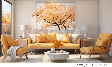 Interior design of a living room with a sofa, yellow color, a painting and lamps, for designers interiors Interior design of a living room with a sofa, yellow color, a painting and lamps, for designers interiors 105837437
