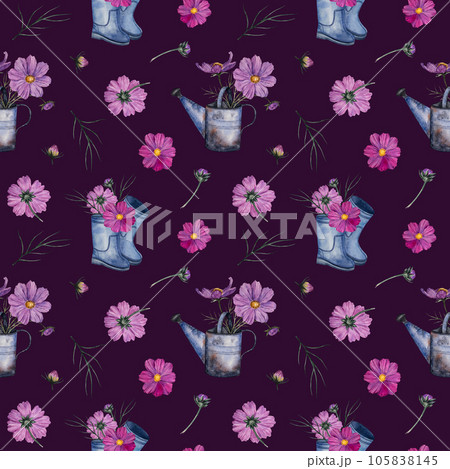 Floral seamless pattern with bouquet of cosmos flowers in metal watering can and rubber boots. watercolor illustration. Botanical pattern for fabrics, textiles, wallpapers, scrapbooking Floral seamless pattern with bouquet of cosmos flowers in metal watering can and rubber boots. watercolor illustration. Botanical pattern for fabrics, textiles, wallpapers, scrapbooking 105838145