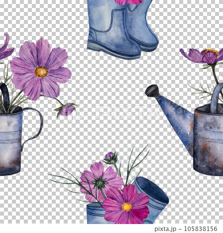 Floral seamless pattern with bouquet of cosmos flowers in metal watering can and rubber boots. watercolor illustration. Botanical pattern for fabrics, textiles, wallpapers, scrapbooking Floral seamless pattern with bouquet of cosmos flowers in metal watering can and rubber boots. watercolor illustration. Botanical pattern for fabrics, textiles, wallpapers, scrapbooking 105838156