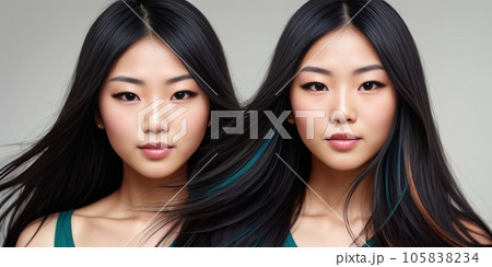 Two Happy young girl with long windy hairs, shoulders after bathroom.Ad for natural hair shampoo. Smiling young woman enjoying pure fresh hair. Beauty routine, hygiene, haircare concept. Generative AI 105838234