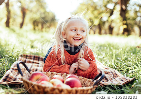 Child picking apples on farm in autumn. Little girl playing in tree orchard. Healthy nutrition. Cute little girl eating red delicious fruit. Harvest Concept. Apple picking. 105838283