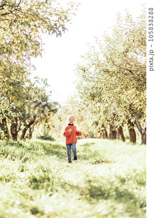 Portrait of sweet little blonde girl playing in sun outdoors. Happy little child having fun at park. Laughing child. Expressive facial with cute expression. 105838288