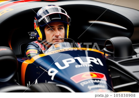 A Helmeted Race Car Driver At The Wheel in cockpit ready to competition. Speed of modern life concept. Generative AI 105838908