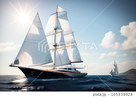 White yacht sailing on a sunny summer day. Side view from the water level. Waves and water splashes. Clear blue sky. Generative AI 105838928