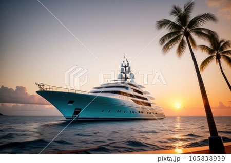 Luxury yacht against the sunset. silhouette super yacht vacation lifestyle landscape. Yachting tourism A romantic trip on a luxury yacht at sea sunset. Generative AI 105838939