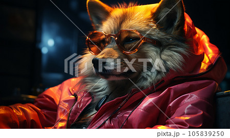 Photo of a dog wearing a jacket in trending colors, neon and cyberpunk, concept for a veterinary clinic 105839250