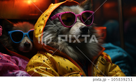 Photo of a dog wearing a jacket in trending colors, neon and cyberpunk, concept for a veterinary clinic 105839251