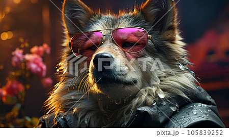 Photo of a dog wearing a jacket in trending colors, neon and cyberpunk, concept for a veterinary clinic 105839252