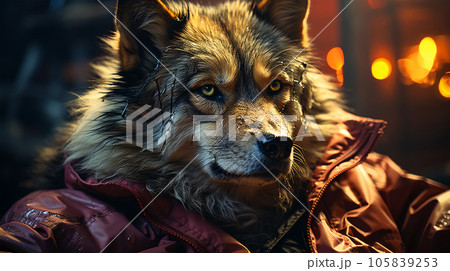 Photo of a dog wearing a jacket in trending colors, neon and cyberpunk, concept for a veterinary clinic 105839253