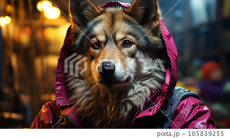 Photo of a dog wearing a jacket in trending colors, neon and cyberpunk, concept for a veterinary clinic 105839255
