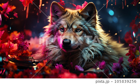 Photo of a dog wearing a jacket in trending colors, neon and cyberpunk, concept for a veterinary clinic 105839256
