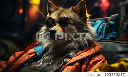 Photo of a dog wearing a jacket in trending colors, neon and cyberpunk, concept for a veterinary clinic 105839257