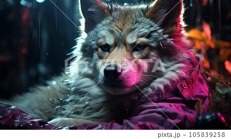 Photo of a dog wearing a jacket in trending colors, neon and cyberpunk, concept for a veterinary clinic 105839258