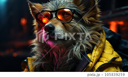 Photo of a dog wearing a jacket in trending colors, neon and cyberpunk, concept for a veterinary clinic 105839259
