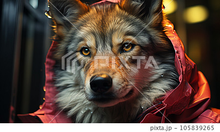 Photo of a dog wearing a jacket in trending colors, neon and cyberpunk, concept for a veterinary clinic 105839265