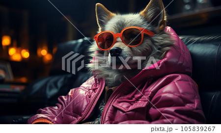 Photo of a dog wearing a jacket in trending colors, neon and cyberpunk, concept for a veterinary clinic 105839267