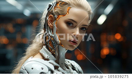 Photo of a dog wearing a jacket in trending colors, neon and cyberpunk, concept for a veterinary clinic 105839275
