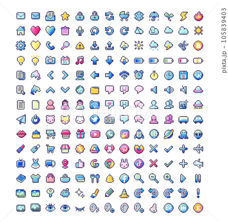 182個の懐かしい爽やかなグラデーションのドット絵アイコンセット 105839403