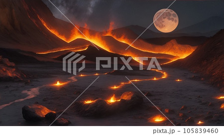 夜の空に浮かび上がる火山と噴煙 105839460