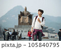 A young man traveling in Seoul, South Korea, with a backpack 105840795
