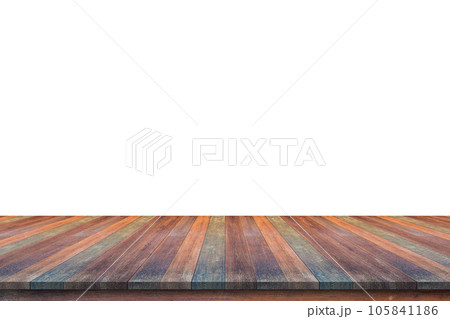 Empty wooden table top isolated on white background for product display Empty wooden table top isolated on white background for product display 105841186