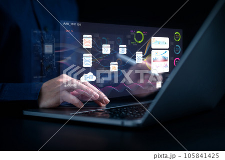 analytics chart, business analysis chart KPI showing icon on virtual screen monitor laptop by hologram virtual screen technology. analytics chart, business analysis chart KPI showing icon on virtual screen monitor laptop by hologram virtual screen technology. 105841425