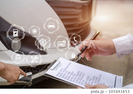 Insurance concept, insurance agent checking broken car and submit a claim form after an accident traffic accident Insurance concept, insurance agent checking broken car and submit a claim form after an accident traffic accident 105841653