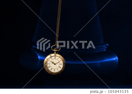 Hypnosis session. Vintage pocket watch with chain swinging over surface on dark background among faded clock faces, magic motion effect 105843135