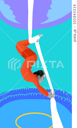 Contemporary art collage of young professional sportsman woman dressed in painted suit and performing trick in canvases. Aerial gymnast. Contemporary art collage of young professional sportsman woman dressed in painted suit and performing trick in canvases. Aerial gymnast. 105843314