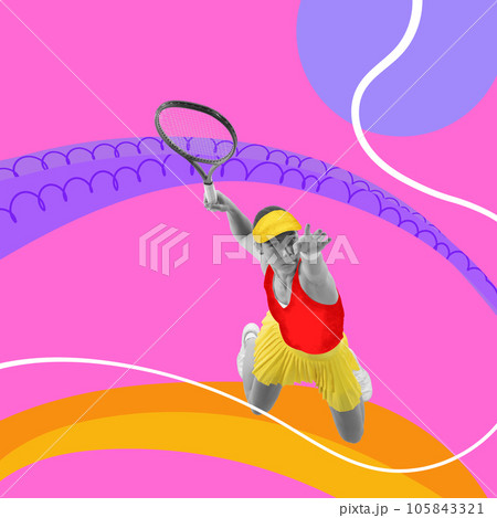 Contemporary creative art collage. Professional female tennis player jumping with racquet on colorful vivid drawing background. Contemporary creative art collage. Professional female tennis player jumping with racquet on colorful vivid drawing background. 105843321