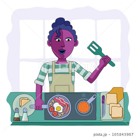 Woman Cooking Food Fried English Breakfast Kitchen 105843907