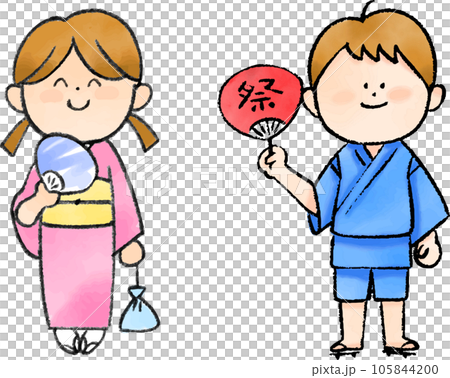 穿著浴衣和甚平拿著扇子的孩子 105844200