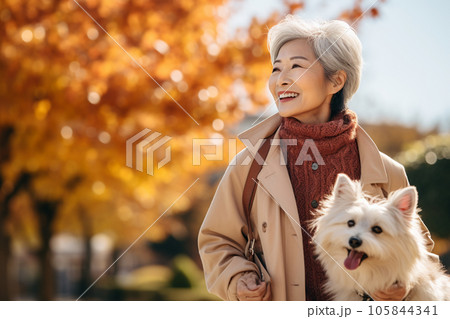 秋の散歩を楽しむシニア女性とペットの愛犬「AI生成画像」 秋の散歩を楽しむシニア女性とペットの愛犬「AI生成画像」 105844341
