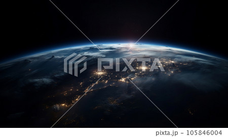 Planet earth at night with glowing light in the city view from outer space, world travel, exploration and global business concept illustration. Generative AI Planet earth at night with glowing light in the city view from outer space, world travel, exploration and global business concept illustration. Generative AI 105846004