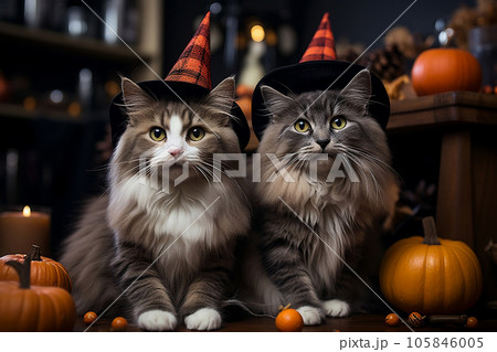 Two cute fluffy cats wearing witch hats in Halloween party, decorated with pumpkins and candles, harvest festival in fall season. Generative AI 105846005
