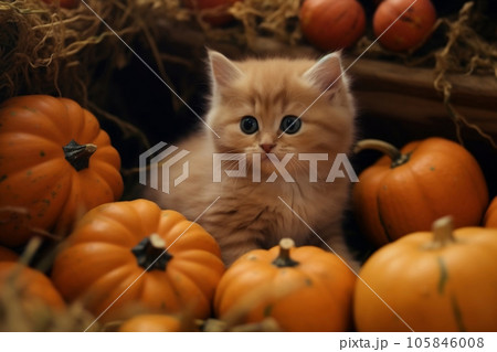 A fluffy orange kitten sitting with pumpkins in farm, cute ginger cat in autumn season and harvest festival halloween and thanksgiving concept. Generative AI A fluffy orange kitten sitting with pumpkins in farm, cute ginger cat in autumn season and harvest festival halloween and thanksgiving concept. Generative AI 105846008