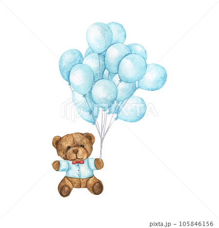 Watercolor of teddy bear flying with blue balloons. Watercolor of teddy bear flying with blue balloons. 105846156