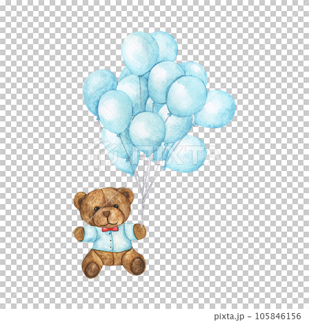 Watercolor of teddy bear flying with blue balloons. Watercolor of teddy bear flying with blue balloons. 105846156