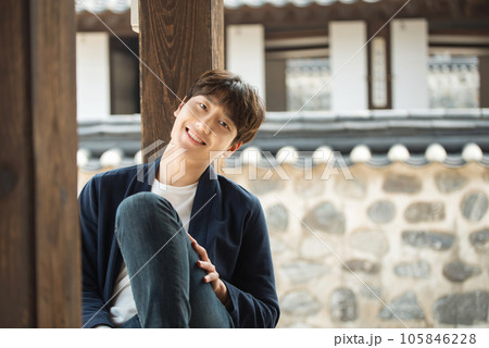 Young male college student traveling with a backpack in Korea 105846228