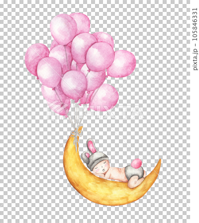 Watercolor painting of Cute little baby sleeping on the moon flying with pink balloons. 105846331