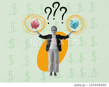 Woman holding two piggy banks symbols of choosing pension plan. 105846690