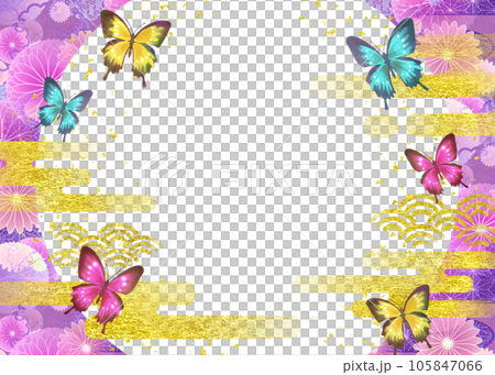 Round window frame with butterfly and Japanese pattern purple pink 105847066