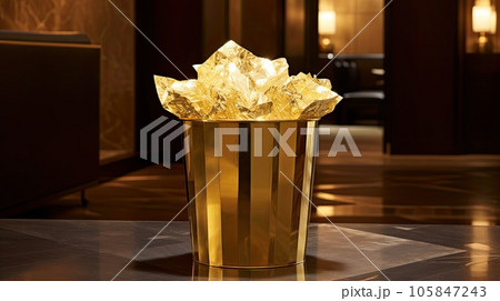 Golden metal basket full of crumpled golden paper in the luxury hotel 105847243