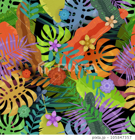Seamless pattern Tropical exotic background. Colorful jungle leaves, flowers 105847357